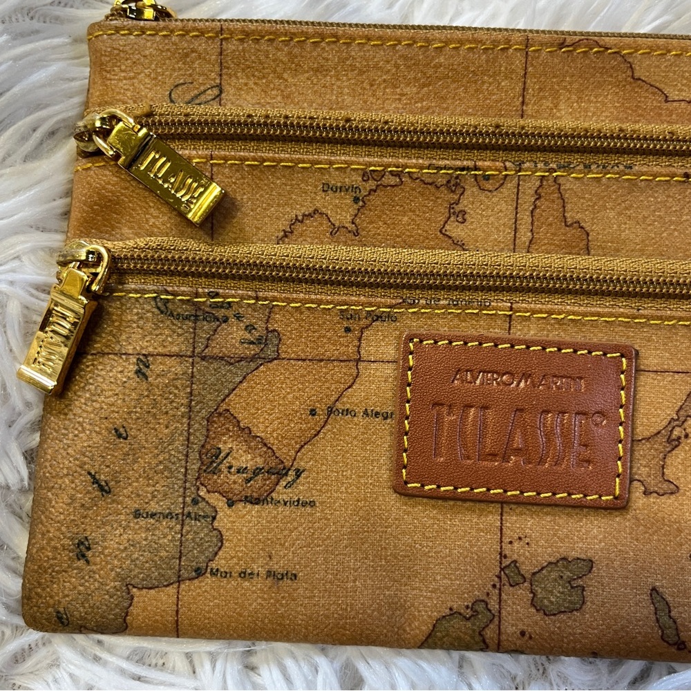 ALVIERO MARTINI Italian Vintage Geo World Map Wallet Pouch Bag 3 Zippers - Picture 2 of 9